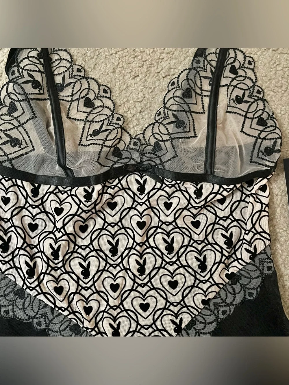 Playboy Bunny Heart Black Mesh Lingerie Teddy Panty Set Medium BNWT